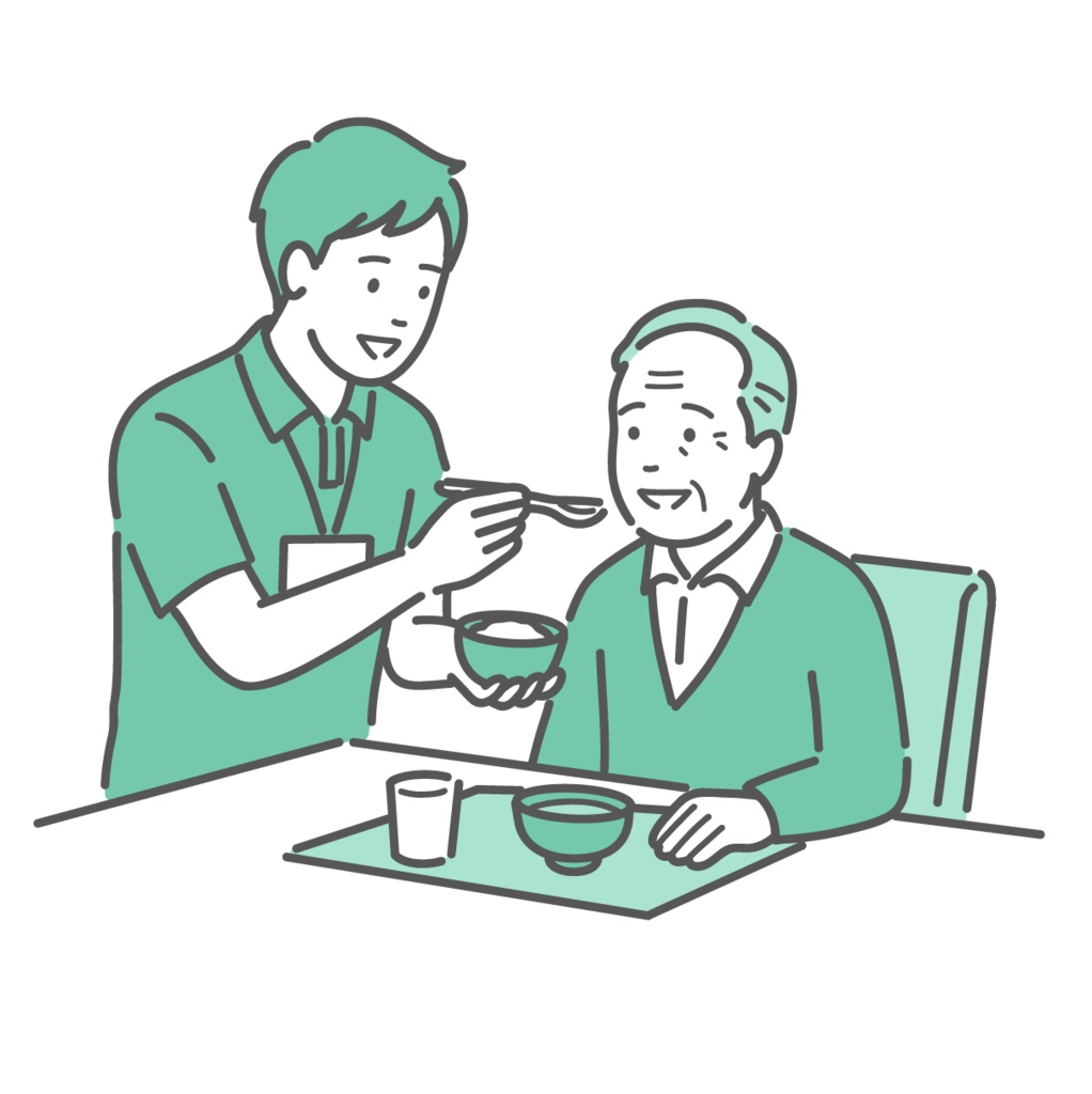 笑顔で高齢者に食事介助(摂食介助)を行う介護士のイラスト