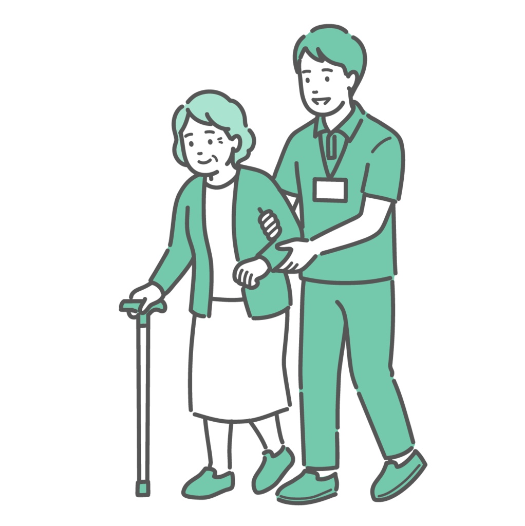 杖を使った高齢者への歩行介助・移動サポートのイラスト