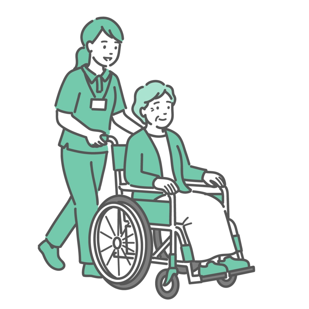 車椅子に乗った高齢者を移動介助する介護士のイラスト