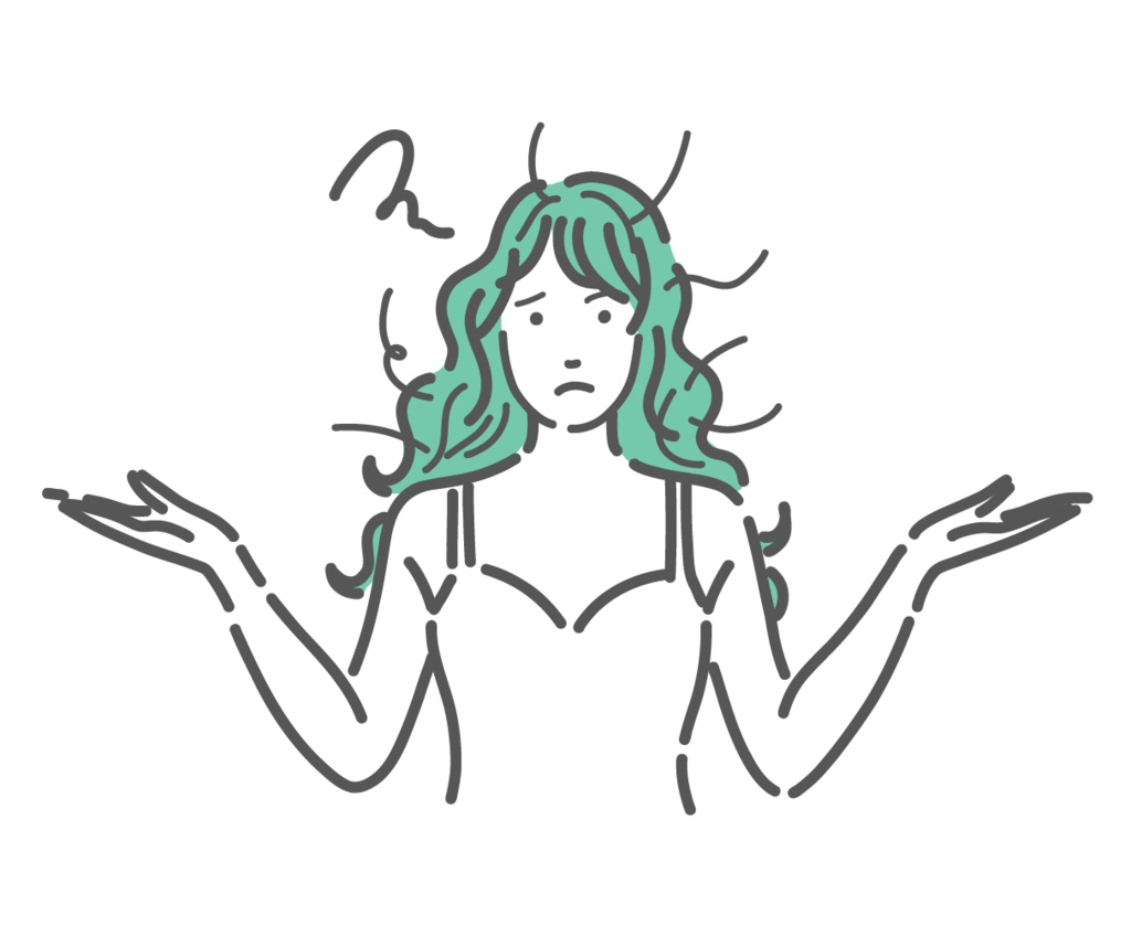 髪の不調に困惑し両手を広げる女性のイラスト(抜け毛・ダメージ)