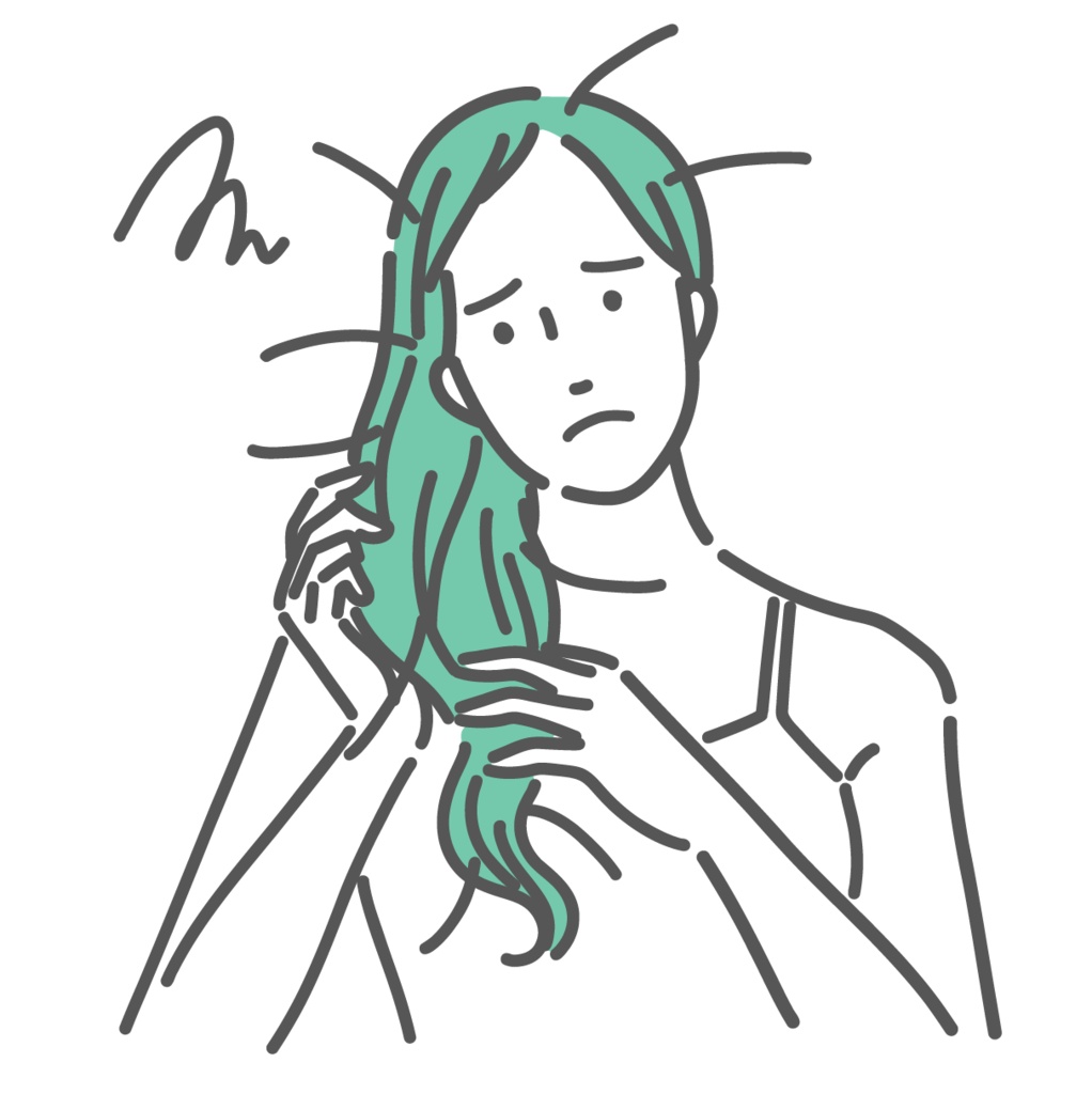 髪のトラブルに悩む女性のイラスト（抜け毛・ダメージヘア）