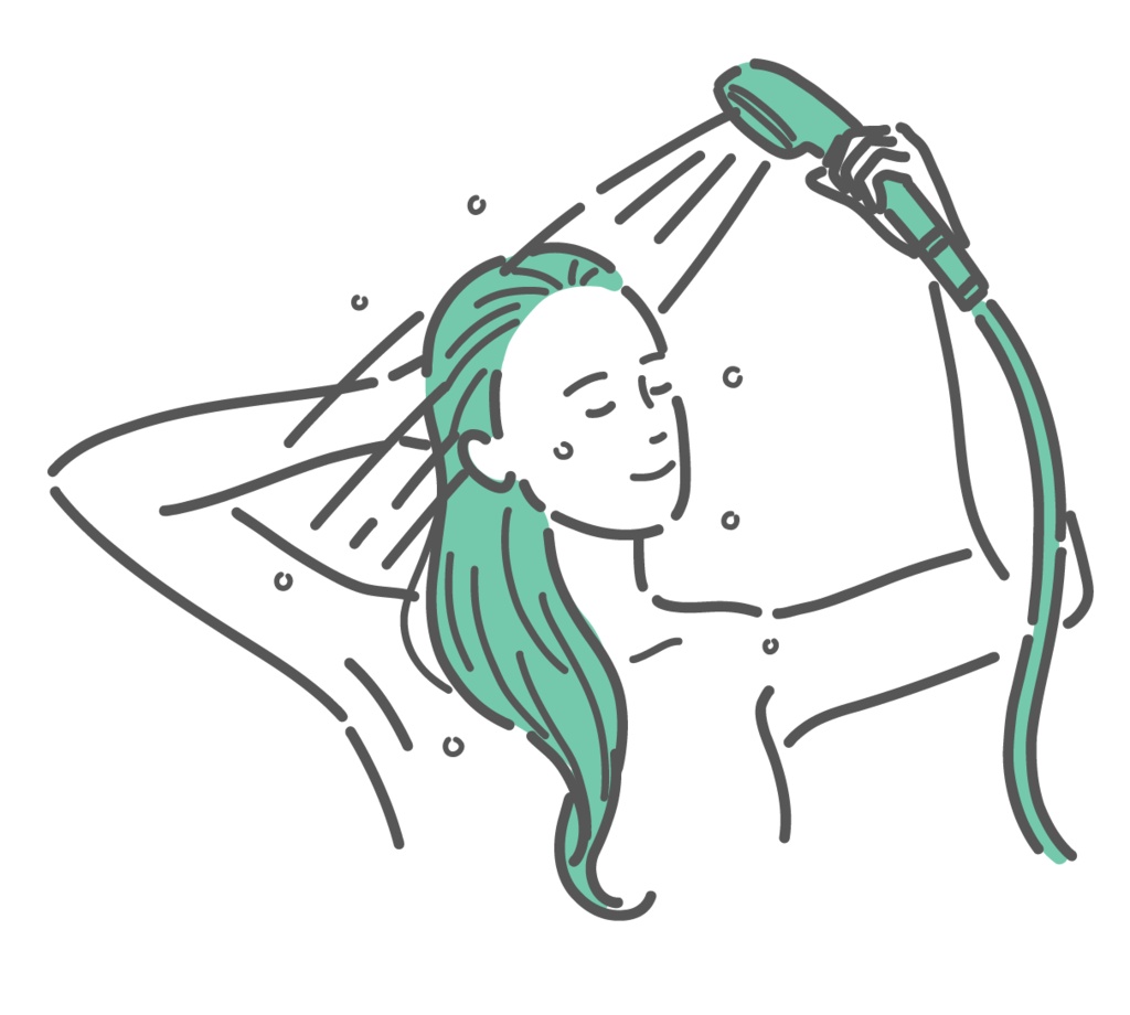 シャワーで髪を洗い流す女性のイラスト（入浴・洗髪）
