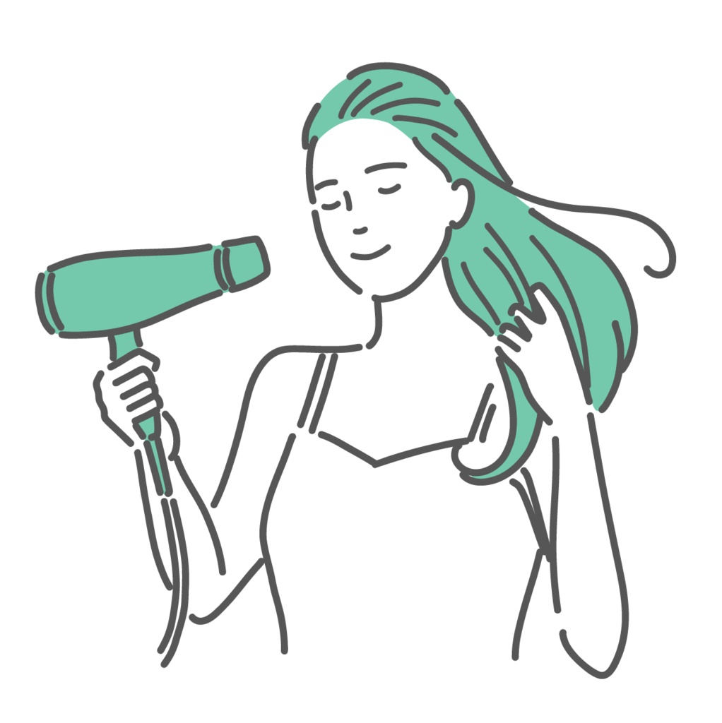 ドライヤーで髪を乾かす女性のイラスト（ヘアケア・セット）