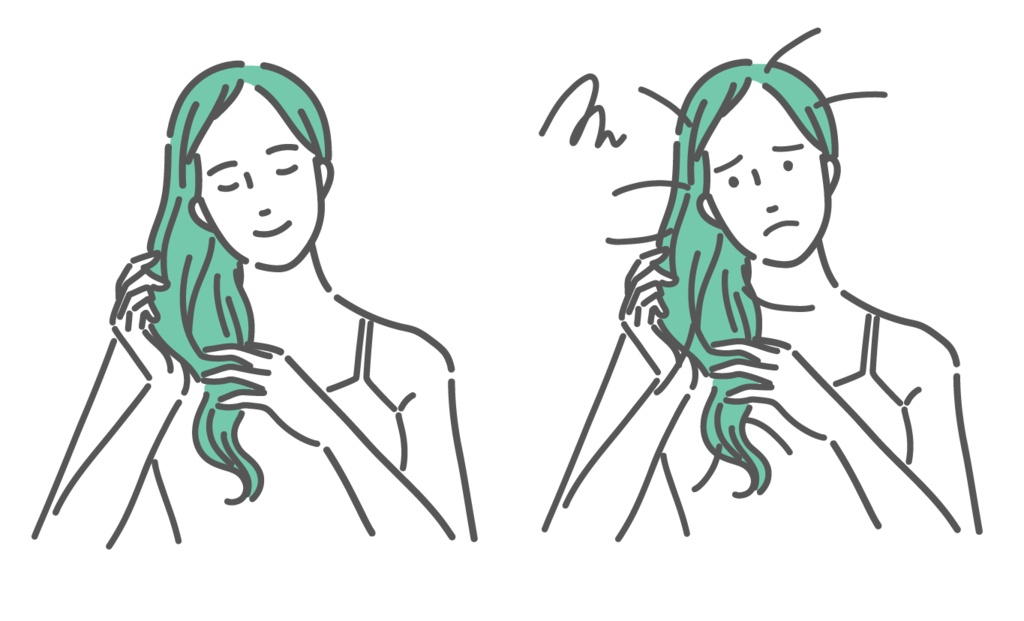 髪の健康状態を比較する女性のイラスト（ビフォーアフター・悩みと解決）