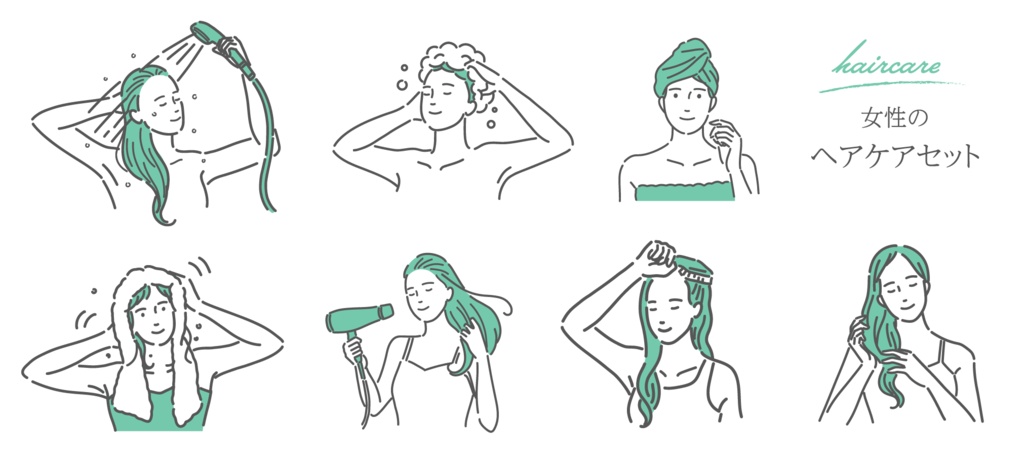 女性のヘアケア手順セットのイラスト（シャンプー・ドライヤー・ブラッシング）