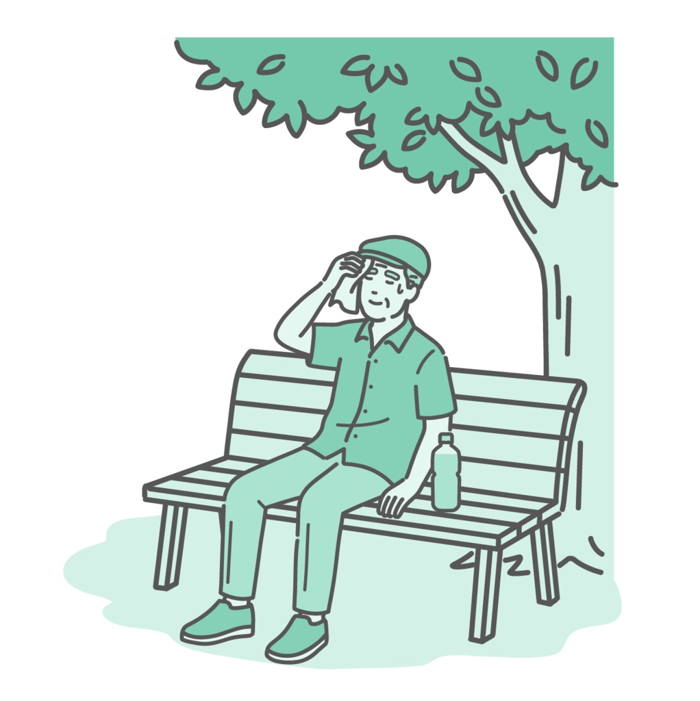 木陰のベンチで休憩して涼むシニア男性(おじいちゃん)のイラスト