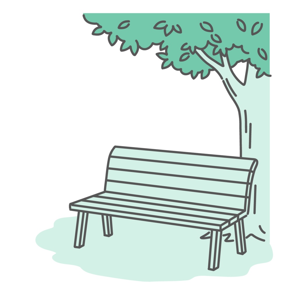 木陰にある無人のベンチのイラスト(背景・合成用素材)