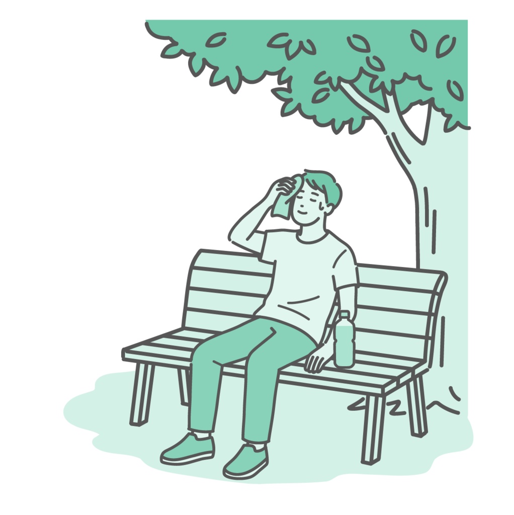 木陰のベンチで休憩して涼む男性（大人・若者）のイラスト