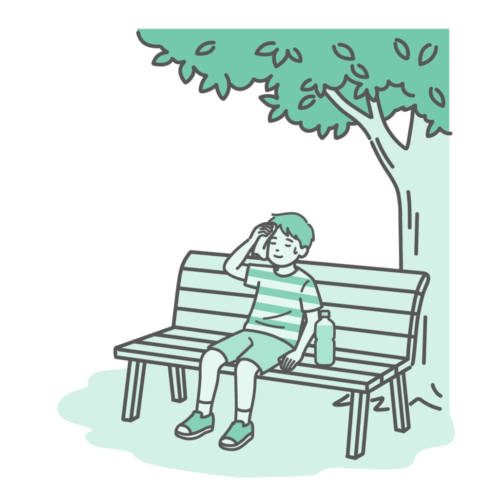 木陰のベンチで休憩して涼む男の子(子供)のイラスト