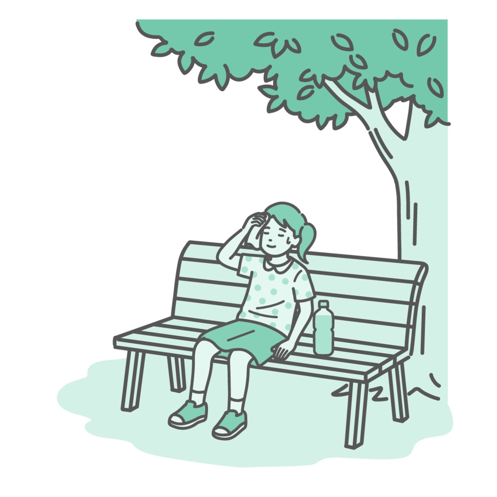 木陰のベンチで休憩して涼む女の子（子供）のイラスト