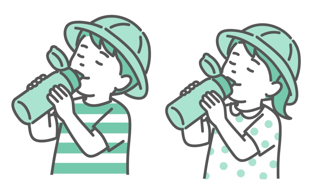 帽子をかぶって水筒で水分補給をする男女2人の子供のイラスト