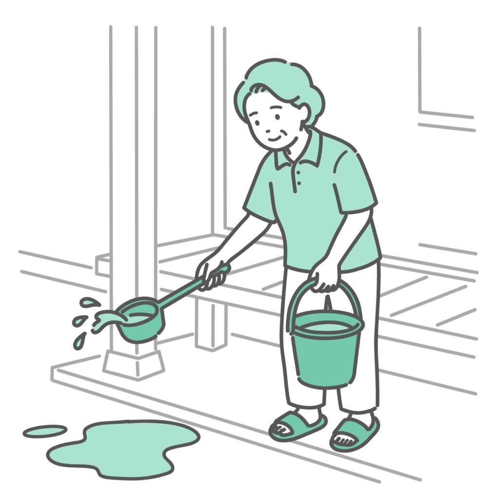 縁側で打ち水をして涼をとる高齢女性（おばあちゃん）のイラスト