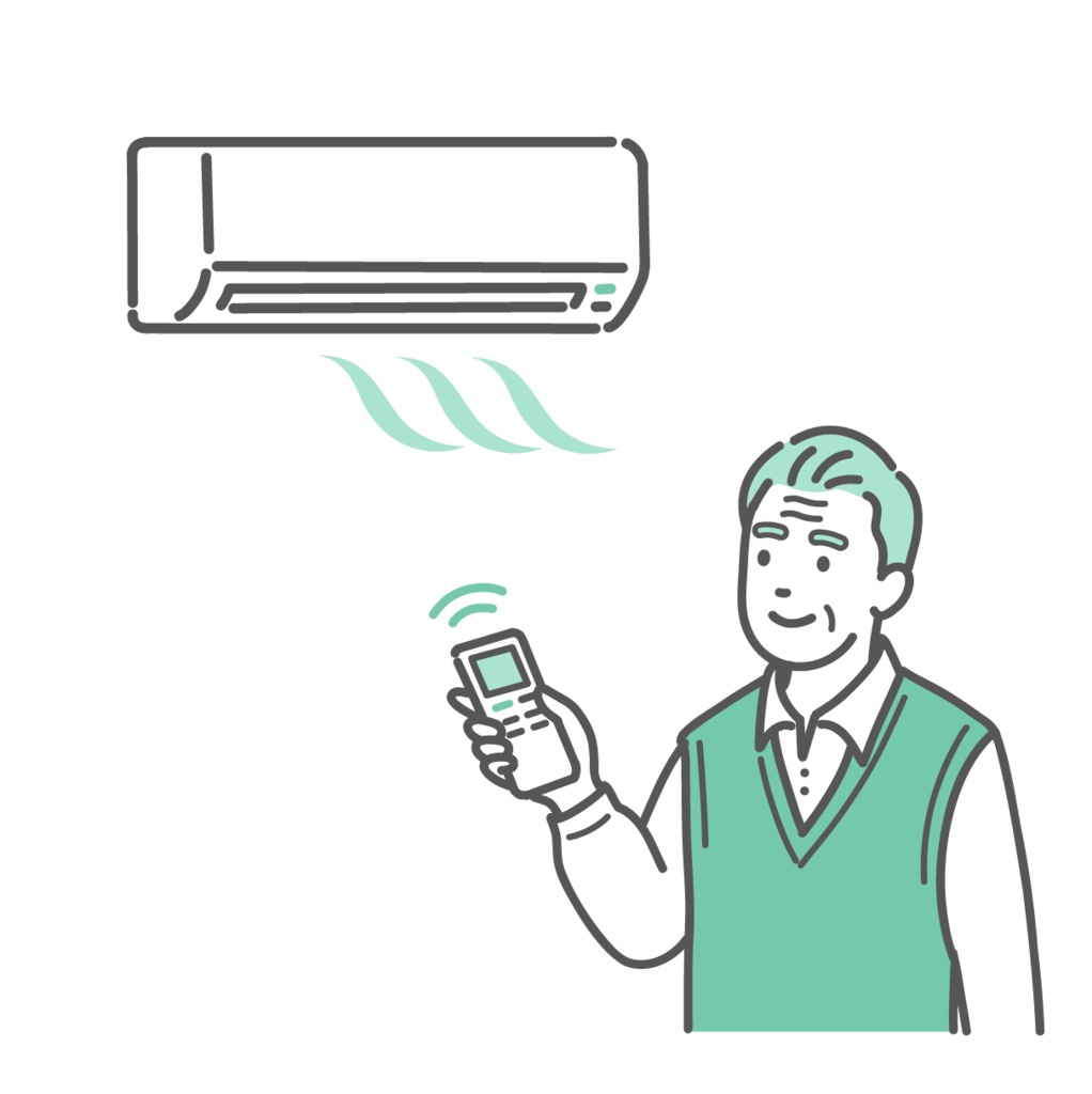 エアコン(冷房)で室温調節をする高齢男性のイラスト