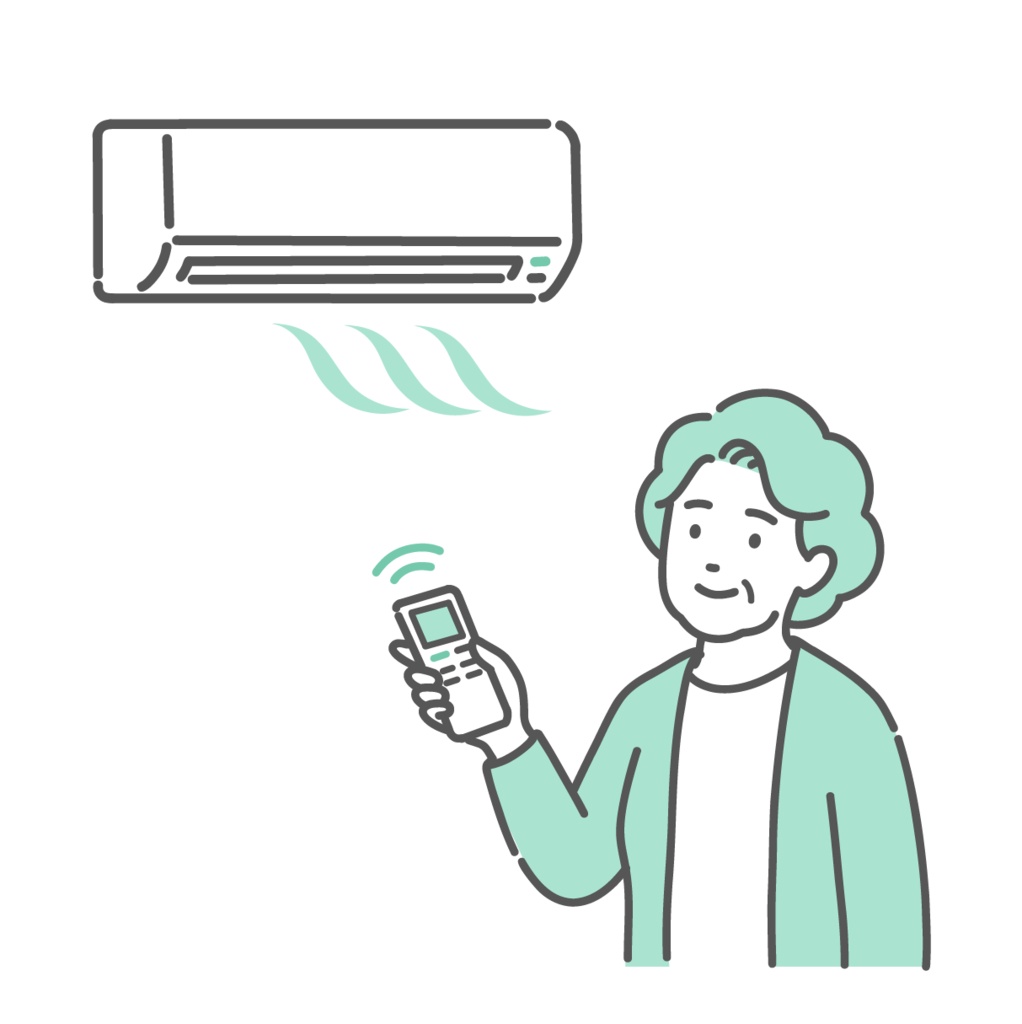 エアコン（冷房）で室温調節をする高齢女性のイラスト