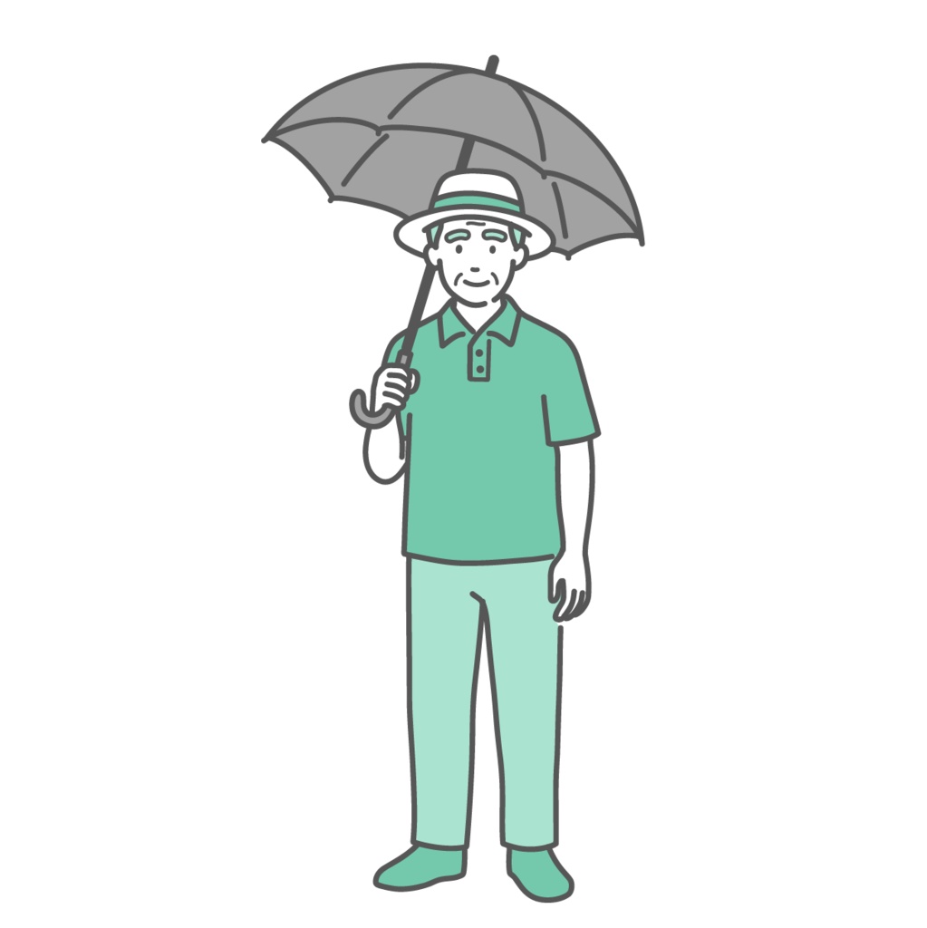 日傘をさしている高齢男性のイラスト（熱中症対策・紫外線対策）