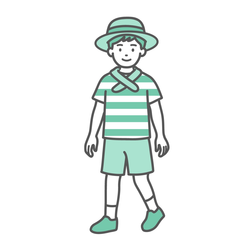 帽子とネッククーラーで熱中症対策をする男の子のイラスト