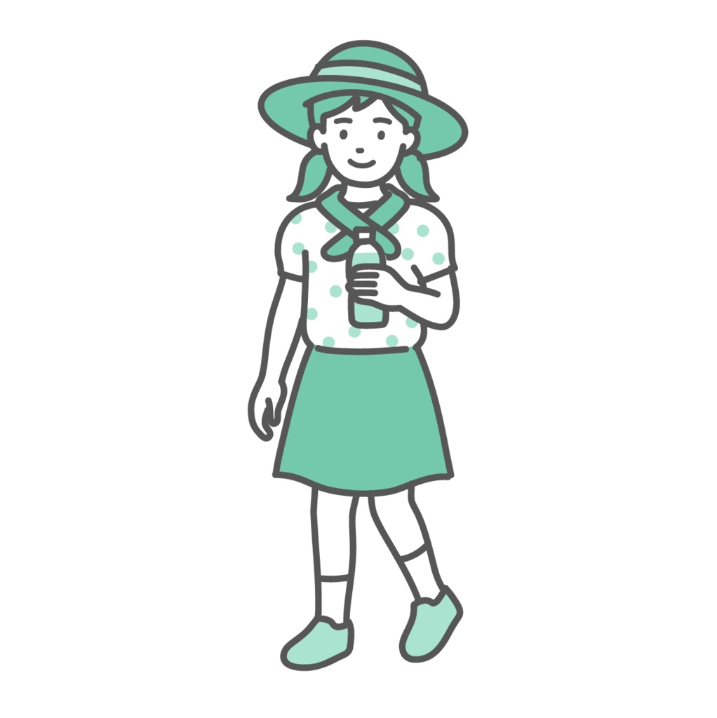帽子・ネッククーラー・水分補給で熱中症対策をする女の子のイラスト