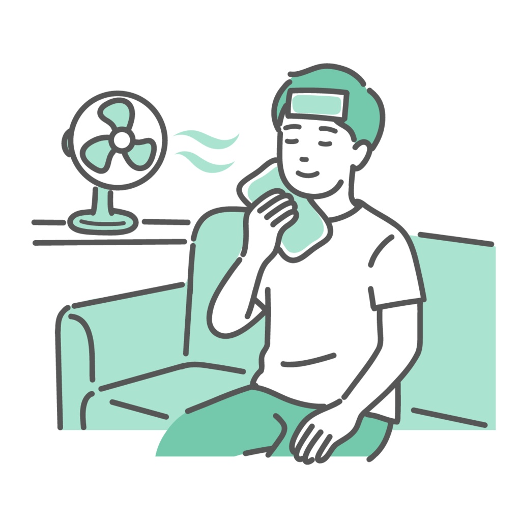 扇風機や保冷剤で身体を冷やす男性のイラスト（熱中症の応急処置・冷却）