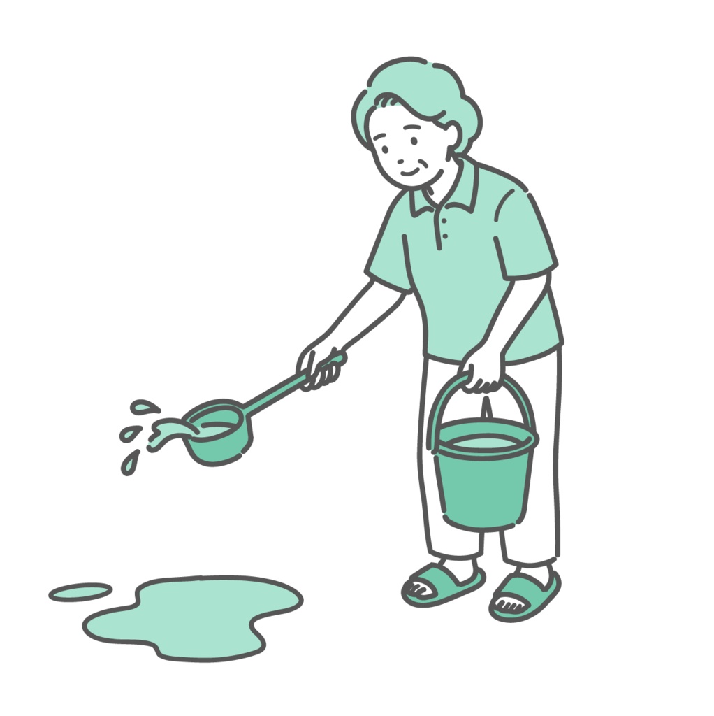 熱中症対策に打ち水をするシニア女性（おばあちゃん）のイラスト