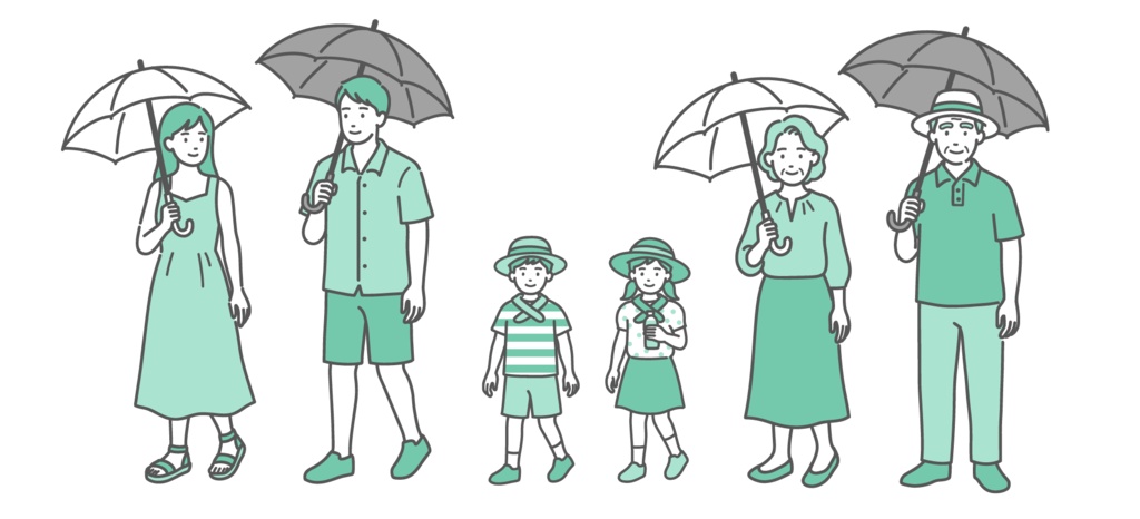 熱中症対策をする家族・全世代（子供・大人・シニア）のセットイラスト