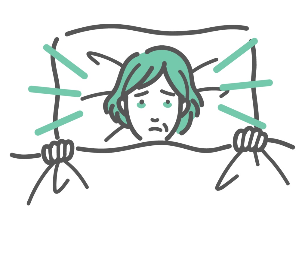 不眠症・眠りが浅い(睡眠障害)で苦しむ女性のイラスト(更年期・ストレス)