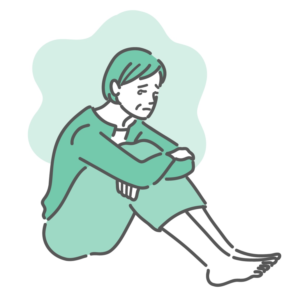 抑うつ・情緒不安定で座り込む女性のイラスト(更年期・メンタルヘルス)