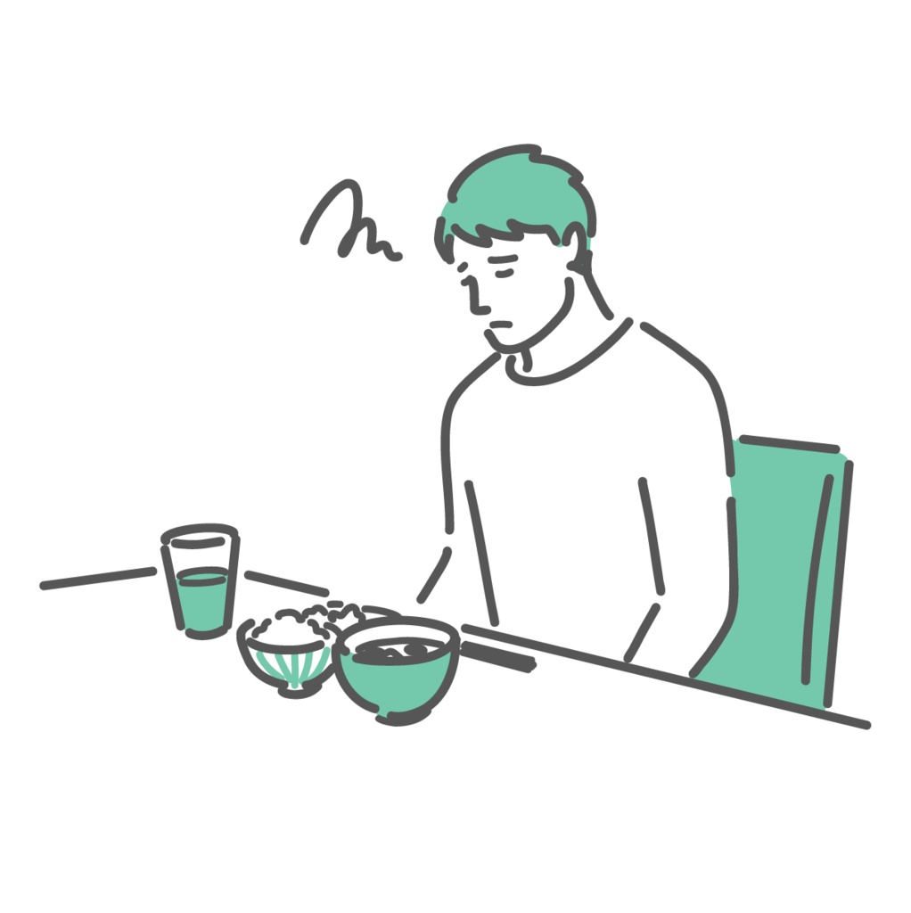 食欲不振(食欲がない)で食事が進まない男性のイラスト