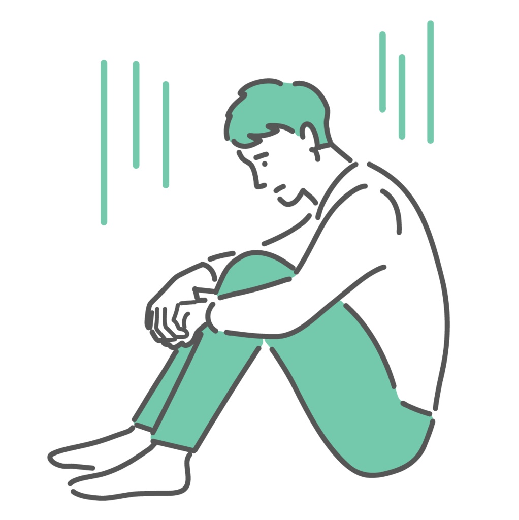 抑うつ・意気消沈(気分が落ち込む)して座り込む男性のイラスト