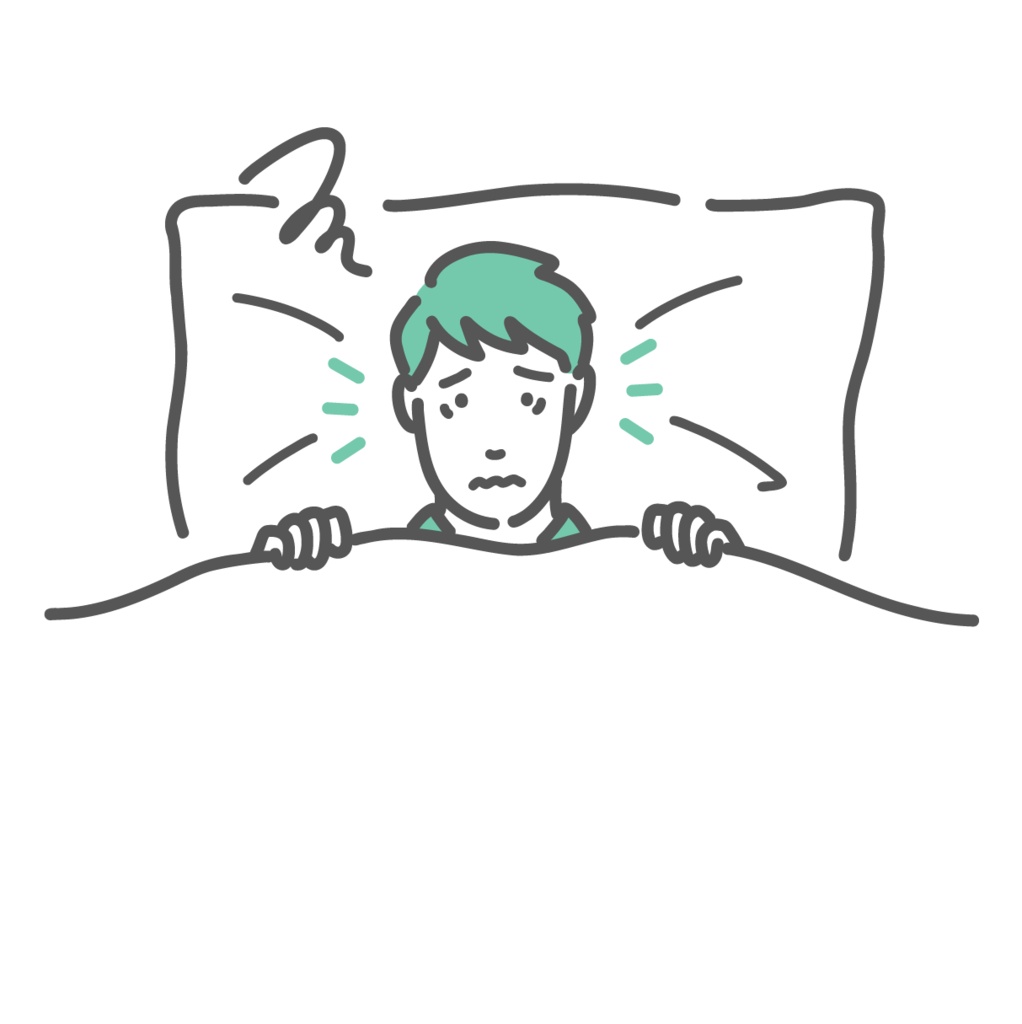 不眠症・眠れない(睡眠障害)で、布団の中で苦しむ男性のイラスト