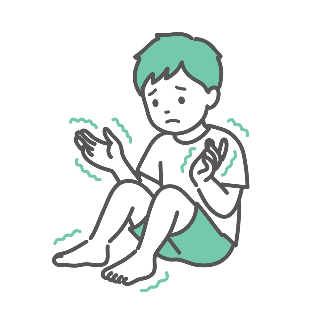 手足のしびれや震えで不安そうな男の子（子供）のイラスト