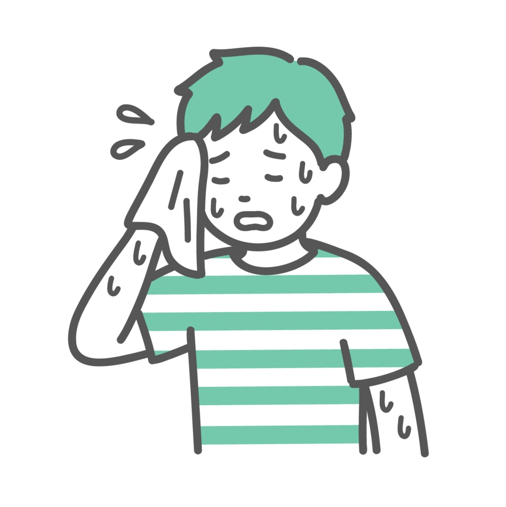 大量に汗をかいて辛そうな男の子（子供）のイラスト