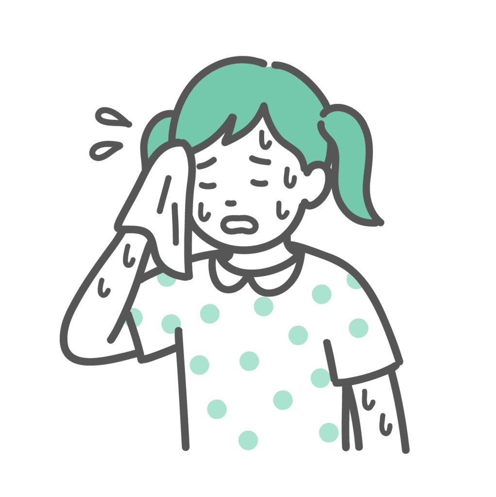 大量に汗をかいて辛そうな女の子（子供）のイラスト