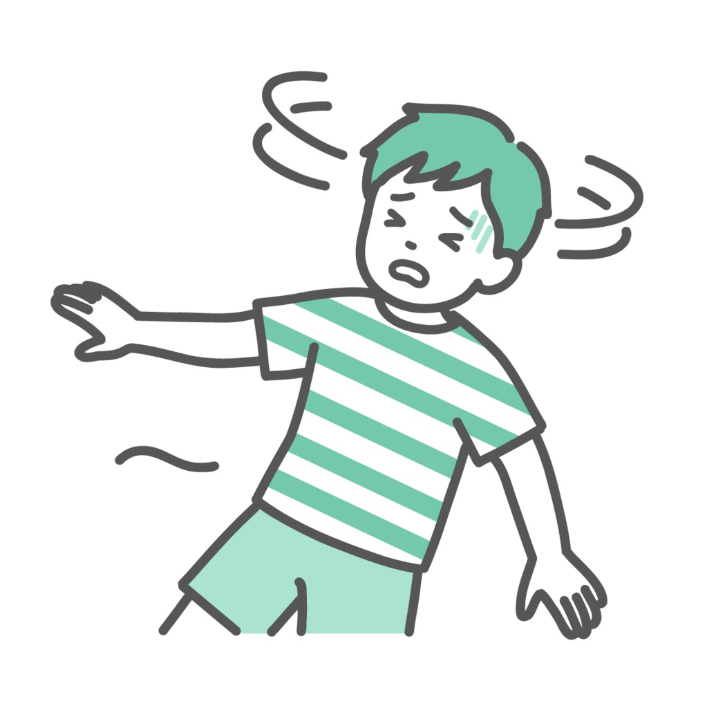 めまいや立ちくらみで倒れそうな男の子（子供）のイラスト