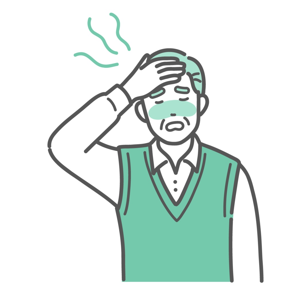ほてりや発熱で辛そうなシニア男性（おじいちゃん）のイラスト