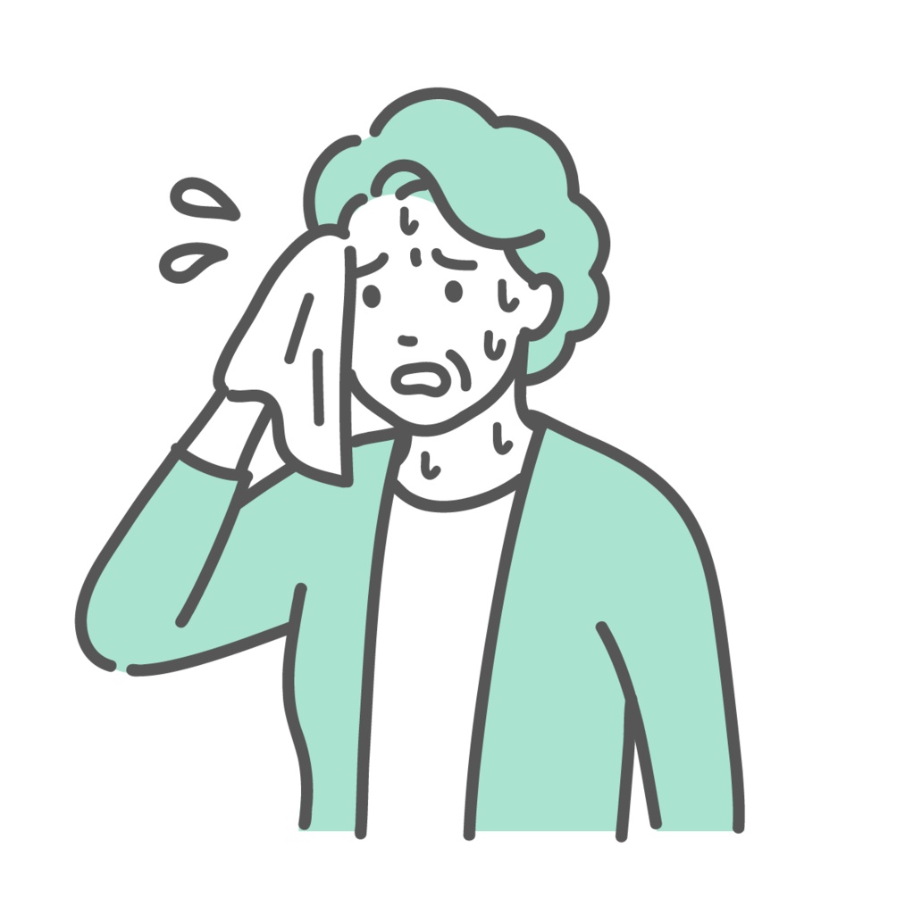 大量に汗をかいて辛そうなシニア女性（おばあちゃん）のイラスト