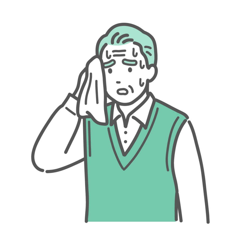 大量に汗をかいて辛そうなシニア男性(おじいちゃん)のイラスト