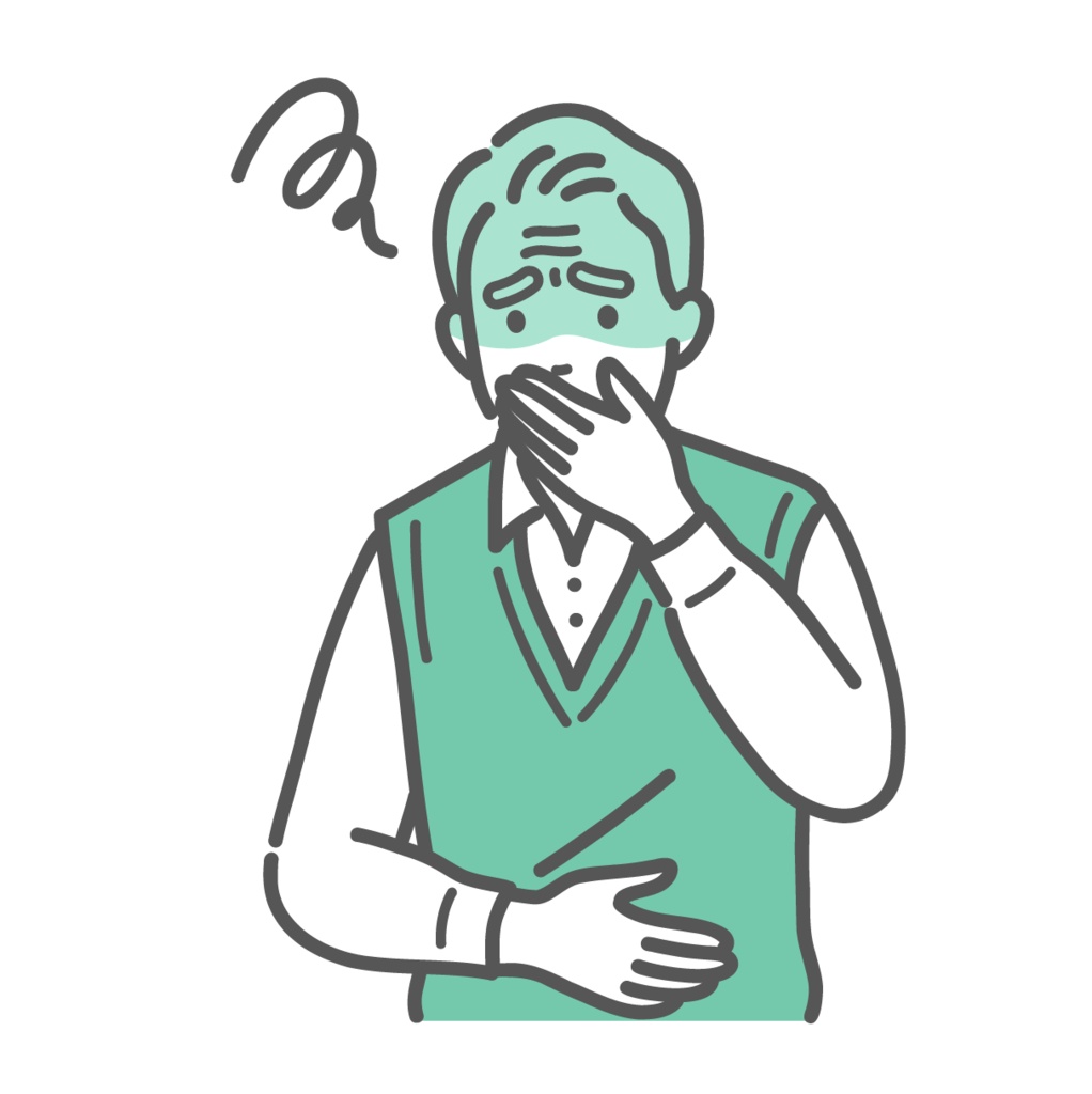 吐き気や気分の悪さで苦しむシニア男性（おじいちゃん）のイラスト