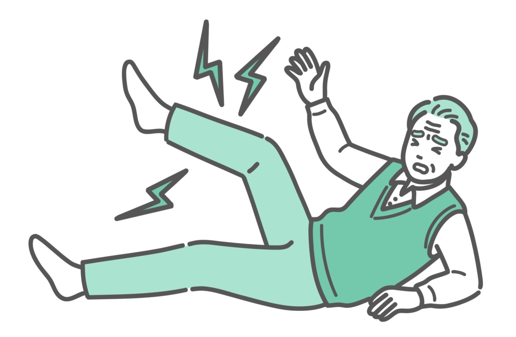 足の痛みやこむら返りで苦しむシニア男性（おじいちゃん）のイラスト