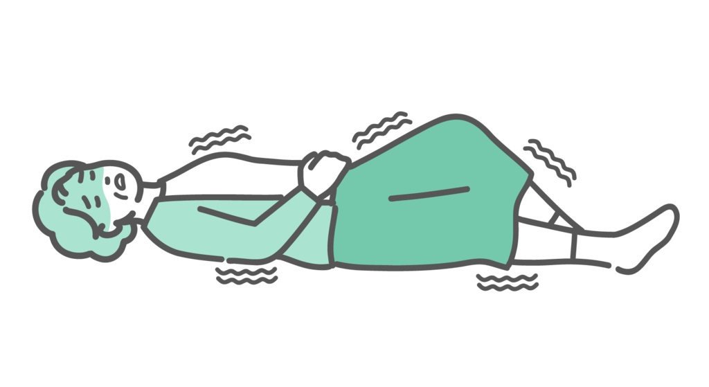 意識を失って倒れ、けいれんを起こしているシニア女性（おばあちゃん）のイラスト