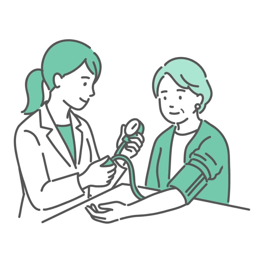 医療従事者による血圧測定のイラスト（診察・高齢女性）