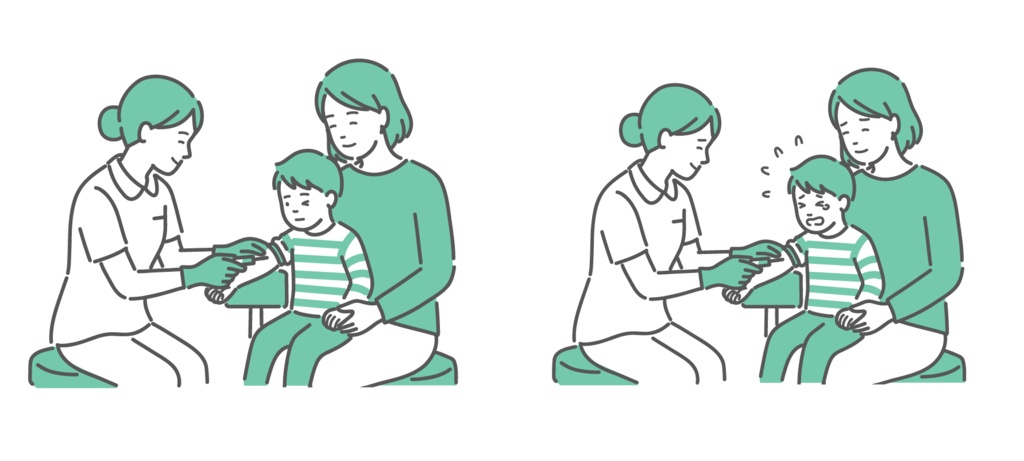 採血に臨む男の子の比較イラスト（落ち着いた vs 泣いて嫌がる）