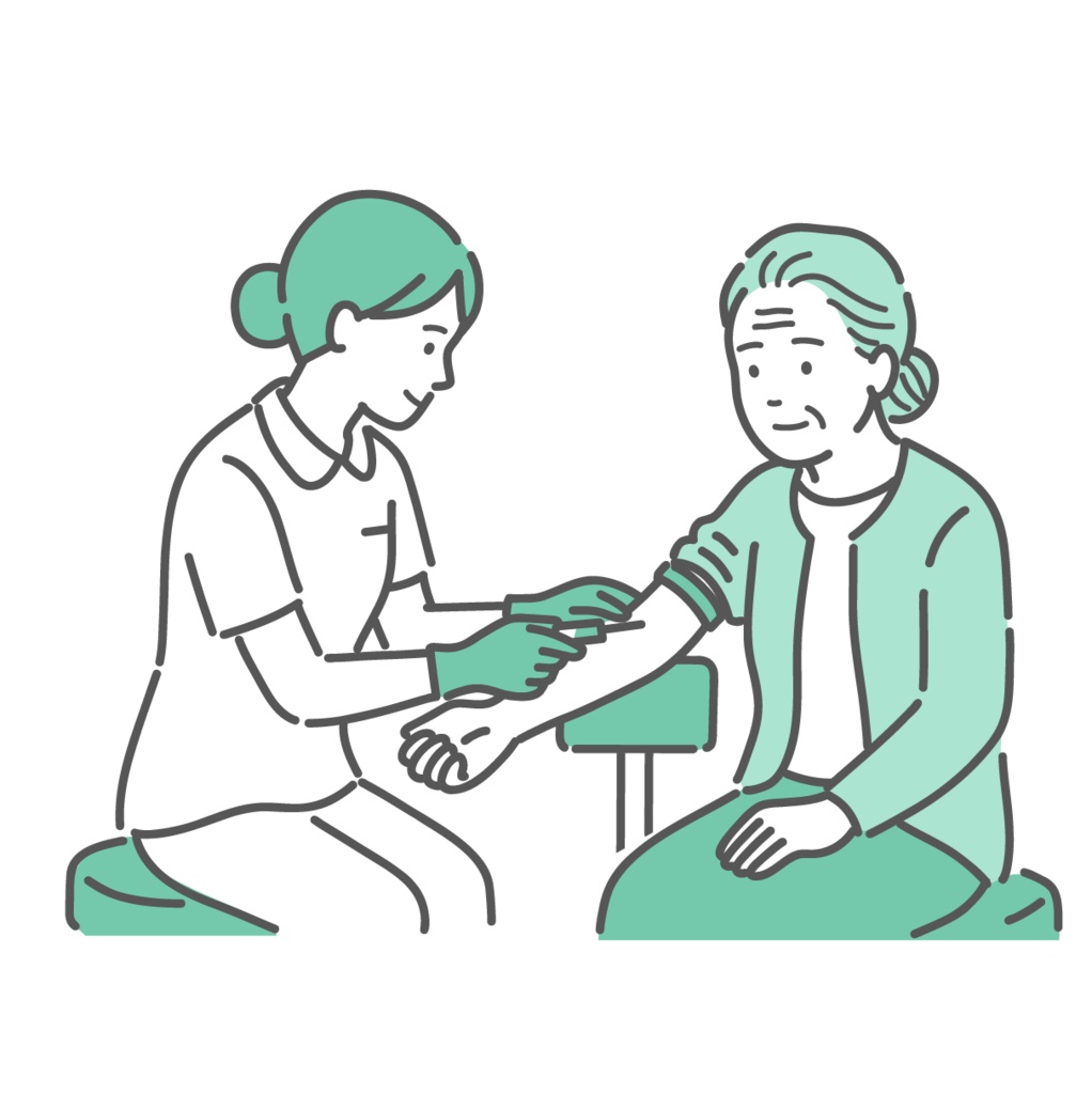 看護師による高齢女性の採血イラスト(腕・検診)
