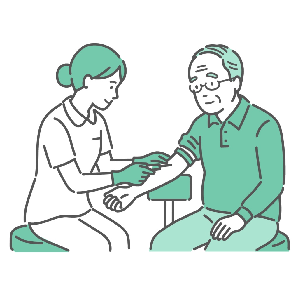 看護師による高齢男性の採血イラスト（腕・健康診断）