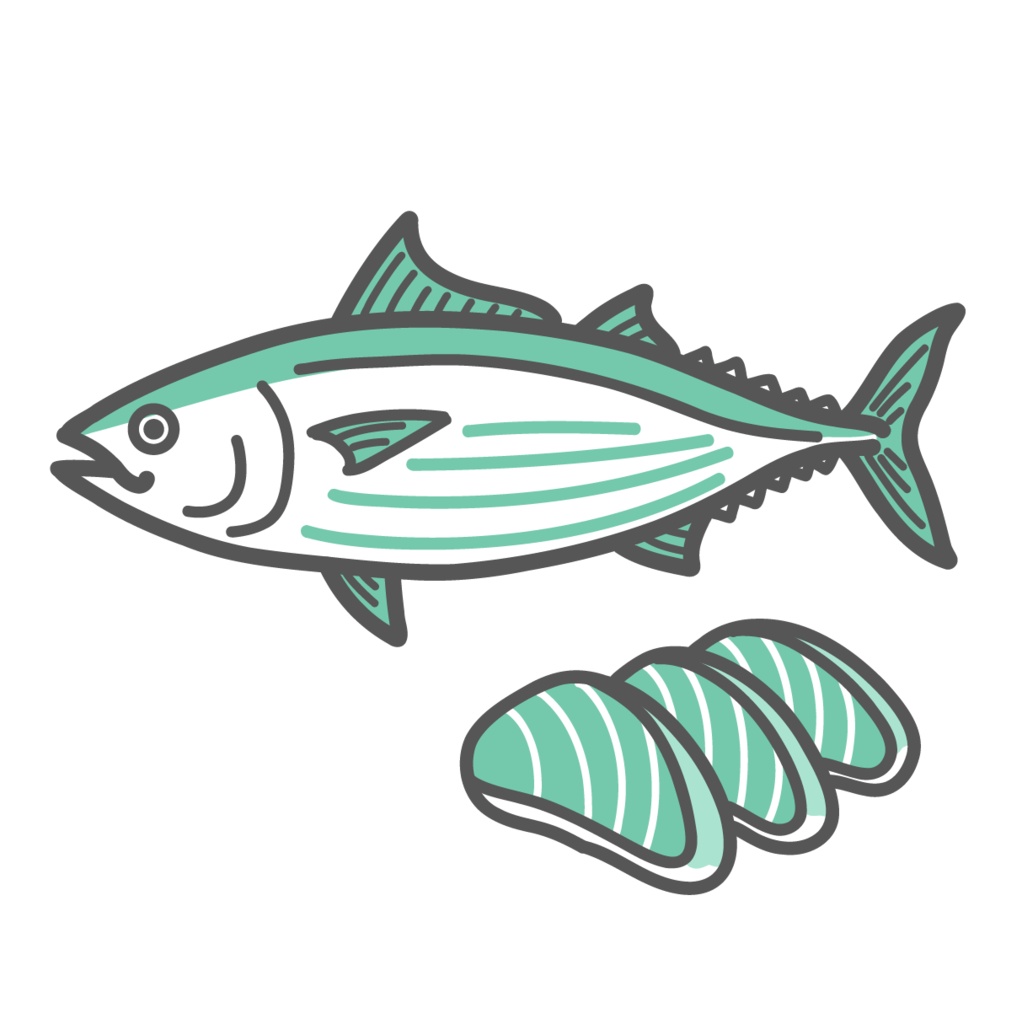 鰹（カツオ）と刺身のイラスト（タンパク質食材/魚）