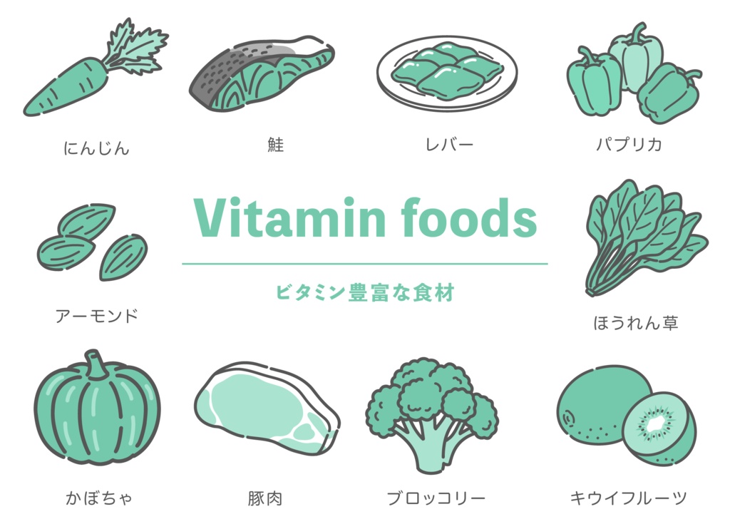 ビタミンが豊富な食材のイラストセット（野菜・肉・魚・果物）