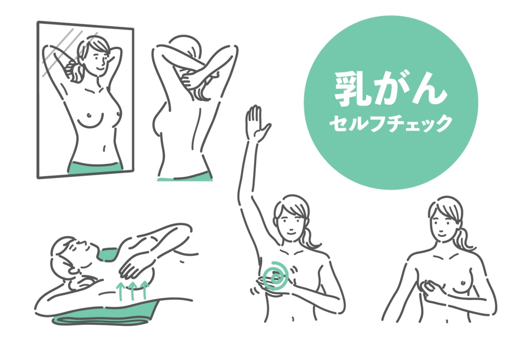 乳がんセルフチェックの手順イラストセット（視診・触診・自己検診）