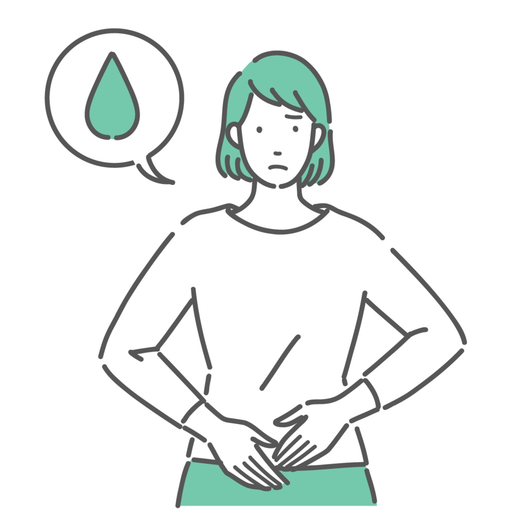 下腹部の不調と少量の出血に不安を感じる女性のイラスト（妊娠初期・着床出血）