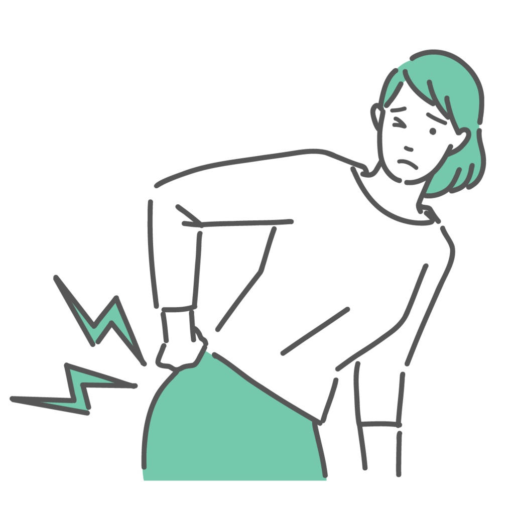 腰に手を当てて痛みを訴える女性のイラスト（腰痛・妊娠初期・慢性痛）