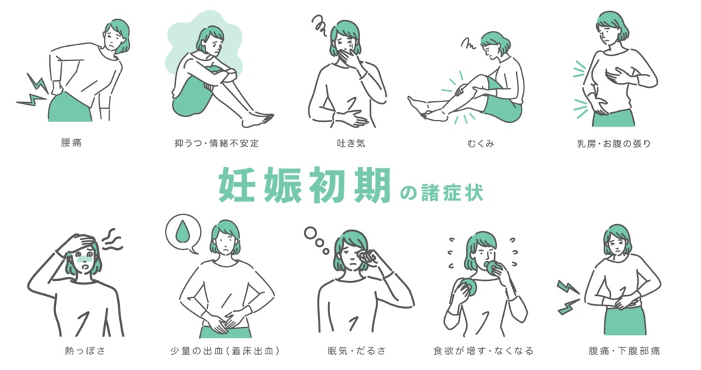 妊娠初期に起こる主な10種の症状と体調不良の女性のイラストセット