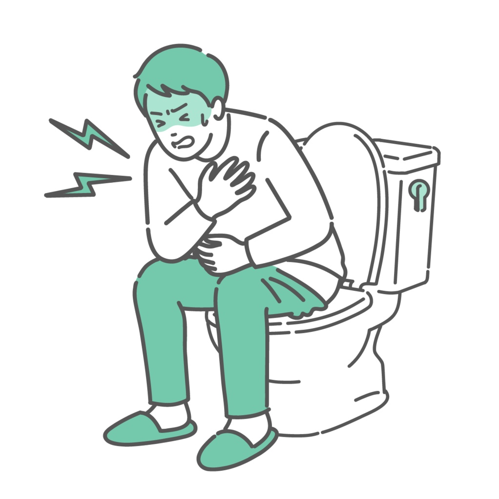 トイレでヒートショックを起こし胸を押さえる男性のイラスト